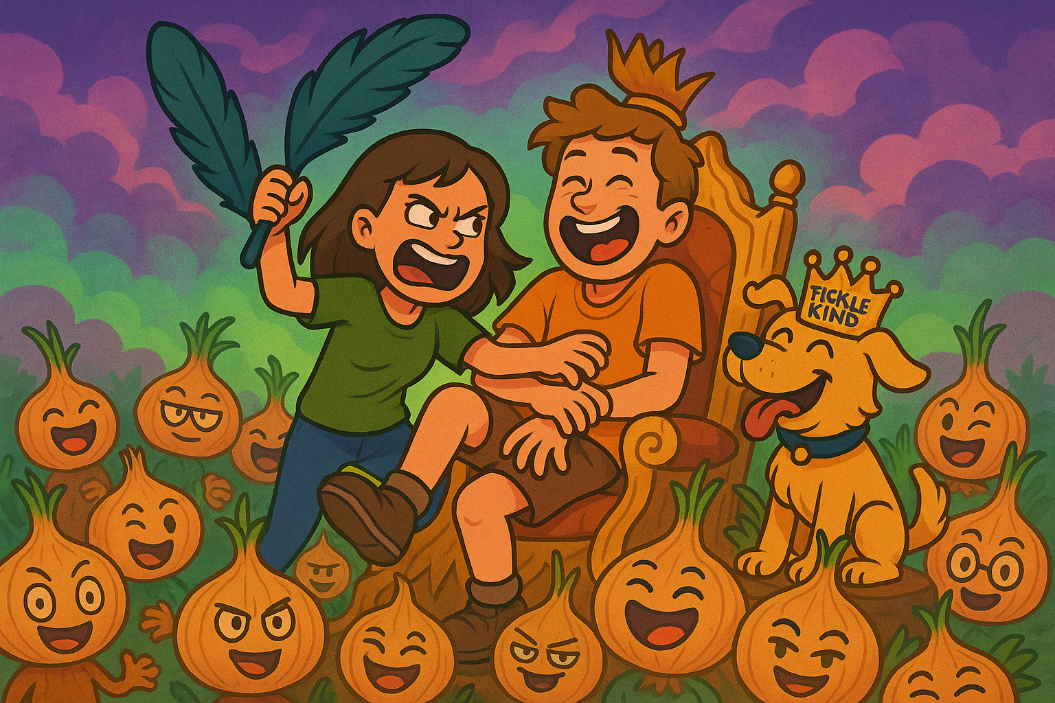 Lea tickling Mathi on onion throne